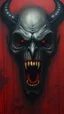 Placeholder: Bosch style painting , A shadow of a spirit inside an evil open mouth face in details on red bloody background