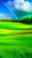Placeholder: A green golf course with clovers and a rainbow painted by Claude Monet