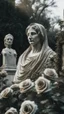 Placeholder: A grave with a statue of a woman behind it, and above it a white lace scarf and white roses. Cinematic picture