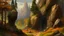 Placeholder: A secluded mountain alcove, burt pine trees, scorched earth, many craggs, realistic, medieval, painterly,