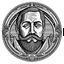 Placeholder: Wood engraving of a futuristic desert warrior with a moustache and beard inside a H.R. Giger-style circle border.