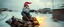 Placeholder: close up on gnome hit man with rocket boots in suit on a mech sled doing jumping stunt in winter wasteland, style of fallout 4, high speed with motion blur, on elevated road, beard blown into his face