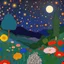 Placeholder: Colourful, peaceful, Max Ernst, Gustav Klimt, night sky filled with galaxies and stars, trees, rocks, giant flowers, one-line drawing, sharp focus, 8k, 3d