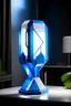 Placeholder: gaming table lamp inspired by stark tower buliding architecture futuristic-modern stlye. geometric form, blue and white color scheme