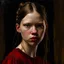 Placeholder: Actress Mia Goth, there are freckles on her cheeks, she has no eyebrows, she has pouty lips, red cheeks and nose, braids, red dress, in the style of egon Schiele painting