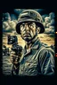 Placeholder: A movie poster of a American navy soldier ground level camera view looking up camera shots in the style of oil painting