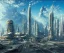 Placeholder: Space Center on a heavy industrialized planet with a futuristic city in the background, retrofuturistic, art by John Berkey, buildings with glass facades, brutalist architecture, insanely detailed, vibrant, 8k uhd, cinematic atmosphere, ultra-wide angle, street level view, brush strokes, blue sky with clouds, sharp focus