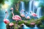 Placeholder: island waterfall palms twigs spring bridge birds flamingos