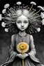 Placeholder: pencil and charcoal sketch of a cute happy little dandelion fairy girl, Mucha inspired emotional nature ephemeral sculptures of Andy Goldsworthy, tiny human form, essence captured as if created by surrealist photographer Noel S Osvald rendered in bright ombre colors, mixed with influences by John Bauer and Tim Burton, faded dark grey background, minimalistic art, with details that reflect advanced rendering techniques that push the drawing's realism even further Modifiers: trending on Artstation