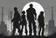 Placeholder: four persons, standing, silhouette, comic book,post-apocalypse, backpack,