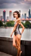 Placeholder: beautiful anorexic young woman, total shot, short shiny anthracite triathlon swimsuit, short brunette wavy bob hair, blurred city background