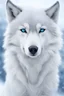 Placeholder: a wolf. Pure white. Very gentle look, blue eyes accompanied by a fairly feminine androgynous look. So he's a guy but he looks really very feminine. Blue eyes. in a snowy landscape. maybe also ice particle effects.
