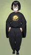 Placeholder: generate a tall guy with green eyes, black short hair, black rectangular glasses, plump lips, wide shoulders, in a black sweatshirt, black pants with pockets on the hips, yellow short socks, in black sneakers, wide shoulders, the guy is crying