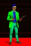 Placeholder: Modern guy, 20s, holding "ipad" in left hand, looks like a renaissance painting, walking forward, full body, "persian green coat", blue pants, "right hand in pocket". "Front facing" "forward view"