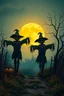 Placeholder: 2 creepy scarecrows walking down a path on a full moon on Halloween