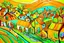 Placeholder: whimsical arafed nonsense, patchwork vibe, acrylic and ink painting of a cozy village main street on undulating hills with color (((minimal))) sketches of village people with (((extremely long limbs))), (((oversize head))), sharp color contrasts, amazing shadows, (((exaggerated limbs and head))), minimal cozy, warm palette, bright bold warm summer green yellow orange black colors, color leak, heavily distorted views, amazing parallels, amazing reflections