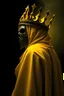 Placeholder: Hastur- the king in yellow, profile picture, his robe where his face should be is hollow and peering to the side, he is wearing a yellow iron crown , the crown is minimalistic and ruggedly forged, his face is behind a grotesque mask, a dimly lit ghostly light shines behind him, the background is a dark void, immaculate Renaissance dot shading,