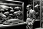 Placeholder: imitating black and white dioramas, man in three-piece suit, whose head has been replaced by a fish tank, estilo parker harrison, collage