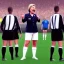 Placeholder: Hillary Clinton in a referee jersey officiating for a soccer match at Wembley Stadium