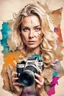 Placeholder: portrait of a blonde woman with a camera, background old torn paper, bright colors, ART drawing, fine rendering, 8K