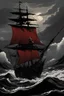 Placeholder: White Rabbit pirate, flowing black cloak, grizzled white hare, standing on red hull, blood red sails, pirate crew, god storms, pirate rabbit god, bloodlust, sword, ocean view, stormy waters, heroic, pirate god, seascape in view, lightning strike in background, silhouette, god of lightning, blood god, murder pirate, dreadful, fear, distant shot, zoomed out, sailing