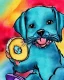 Placeholder: cute puppy eating cheese, art deco, romanticism, watercolor, visual novel, cheerful, furry, sleepy, rembrandt lighting, colorful lighting, blue, teal, aqua, red, purple, yellow, black, detailed, masterpiece