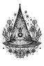 Placeholder: A pointed witch's hat with a wide brim adorned with stars and moons, white background, only use outline black thick outline, mandala style, no shadow, clear line art