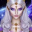 Placeholder: cosmic mage, elf, female, cosmic magic, long ears, white hair, face details, pale skin, jewellery, broad shoulders, sharp ears, cosmic clothes, cosmic eyes, ears shown, the cosmos in eyes, shining eyes, thin face, detailed ears, magical eyes, closed mouth, make up, smiling face, happy face, pointy ears