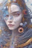 Placeholder: head and shoulders portrait of a woman with planets on her head, long blue hair, face paint, jester hat, Takato Yamamoto artist, Akiya Kageichi artist, Jedediah Berry inspired, 8k resolution concept art portrait, dynamic lighting, hyperdetailed, intricately detailed, maximalist, beautiful, peaceful