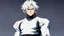 Placeholder: Satoru Gojo is a young guy white hair blue eyes black turtleneck without arms white loose pants in a defensive pose