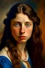 Placeholder: Portrait of a 1900 era, 20 year old beautiful brunette women, with tanned skin and blue eyes, by Van Gogh with a rustic look