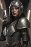 Placeholder: Beautiful 30 year old Mexican woman, wearing mandalorian style armor, Black hair shoulder length, grey eyes, space cantina background, rim lighting, fantasy concept art,