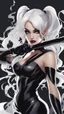 Placeholder: A close picture to Mix between Harley Quinn and venom symbiote with white hair in solo leveling shadow art style