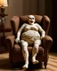 Placeholder: a chubby decrepit realistic mummy leaned over in a brown chair, mouth open