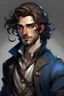 Placeholder: Fantasy human male in his late 20s with shoulder-length curly brown hair, wide set blue eyes, a stubble and a slight mustache. Thick eyebrows and a slightly broken nose. Wears stylish thief clothes, kind of a rogue sort.