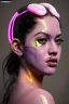 Placeholder: Realistic image, Rosalía artist, portrait, waist up portrait, long black eye line, sweet, gold and pink geisha style, spray glow make up, led lights, neon, led piercing nose, led ornament, fog, bubble latex coat, vibrant color, highly detailed, art stations, concept art, smooth, unreal engine 5, god rays, ray tracing, RTX, lumen lighting, ultra detail, volumetric lighting, 3d, finely drawn, high definition, high resolution.