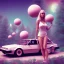 Placeholder: 1980's aesthetic vaporwave wood trees with spheres and car clasic and sexy girl