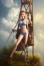 Placeholder: dressed woman on the ladder above clouds