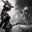 Placeholder: great illustrator, spanish, realistic rendering of a cute girl, beautiful, steampunk syle, black and white. Helmet with tubes. mask. Machinery in the background. robotic bird fkying. High details. 4k. unreal engine