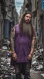 Placeholder: full figure photography of a shy hippy gipsy burly muscular chubby strong man 31 years old with long raided beard, shaved hair, tattoo, photorealistic ,dressed with a purple ripped t-shirt, side light, outdoor in a dirty street full of garbage