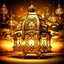 Placeholder: A large golden Ramadan lantern in a place like paradise. From the lantern emerges golden, juicy, amazing, fantastical dates