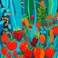 Placeholder: A cyan garden with strawberries and carrots designed in Navajo woven art painted by Clyfford stiil