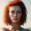 Placeholder: A beautiful portrait of a cyberpunk woman with lot's of grain on her skin red head with natural hair floating in the wind cyborg smiling facing camera orange color scheme, high key lighting, volumetric light high details with white stripes and feathers unreal 5, octane render, cinema4d, dynamic lighting, dramatic lighting, 4k, redshift render, highly detailed, hyper realistic