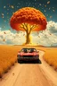 Placeholder: a nuclear explosion mushroom cloud that looks like a autumn tree full of leaves, leaves falling everywhere. bottom 2/3 is a curved dirt road through a wheat field, a wind is blowing away from the tree. a business front is in the middle of the left field, large in front on the road is a 1970 Camaro convertible with 2 animated racoons inside