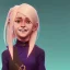 Placeholder: Portrait of a smiling 10 year old witch girl with blonde bangs like Wednesday