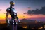 Placeholder: Humanoid-looking robot, standing and looking out over an alien town skyline at dusk