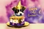 Placeholder: birthday cake, chibi dog in a beautiful kitchen, heart and love in the sunshine, watercolor and black ink outlines, sparkling golden glitter, ethereal, cinematic postprocessing, bokeh, dof