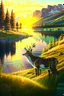 Placeholder: the foreground, a deer on a forest hillside overlooking a lake. Bathed in sunshine, with a lush green meadow, a winding river, and a towering mountain range in the distance. Warm sundown glow, golden hour. Ultra-detailed, with every blade of grass and every leaf rendered in perfect clarity. The colors are vibrant and saturated, with a dreamy, ethereal quality. Stained glass effect. Modifiers: photorealistic award winning cinematic postprocessing watercolor Ink drawing Steve Hanks Nicoletta Cecc