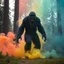 Placeholder: Scary big foot standing with multicolored smoke and large trees in the background