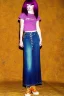 Placeholder: year 1996 denim fashion. Loose skirt, low waist. Combat pants and t-shirt. Colors: denim blue, blue, purple, cream, khaki, light green, lilac, plum, orange, terracotta, red, light yellow, pink, dark blue, beige. Latex in small part. Cheetah pattern. Gwen Stephani, Shirley Manson.Cargo pants